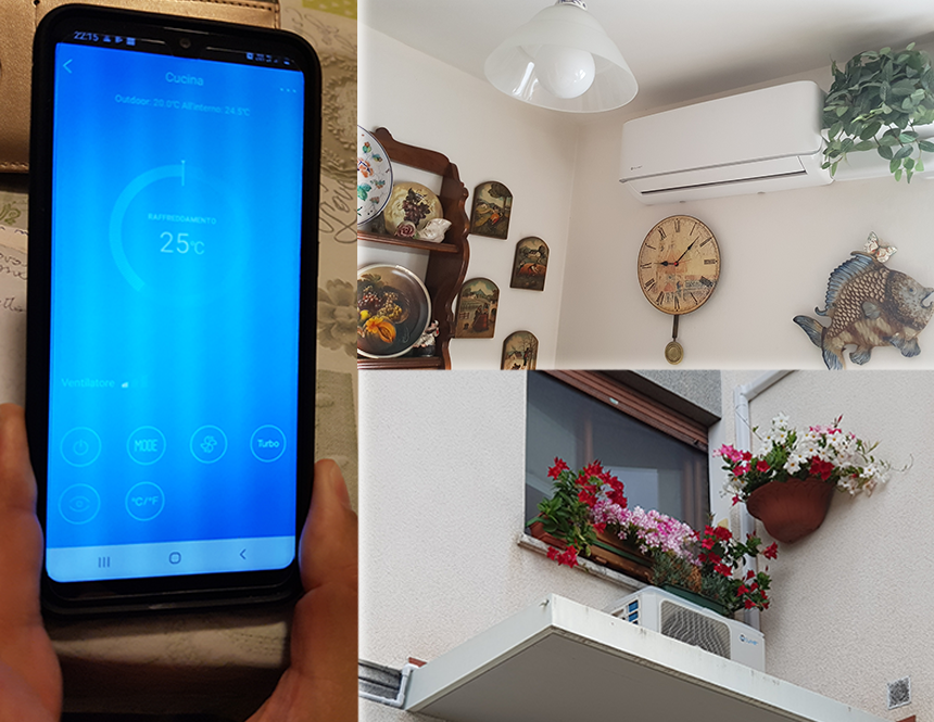 Telefon s aplikacijom za upravljanje sustavom, fotografije ugrađenih unutarnjih i vanjskih jedinica